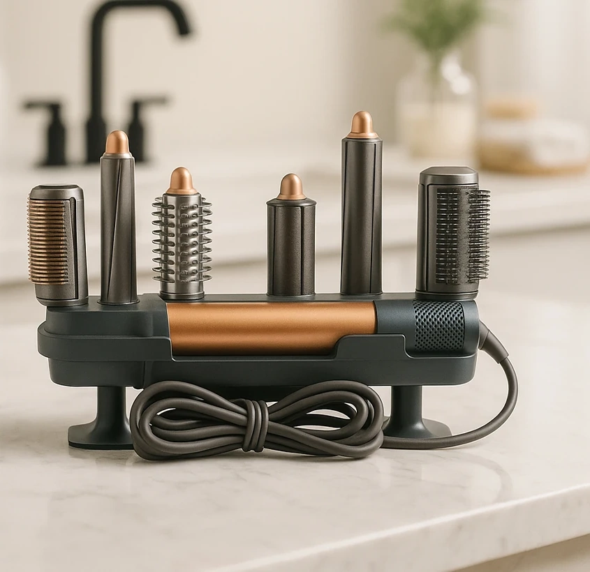 Dyson Airwrap ve başlıklarını düzenleyen antrasit aksesuar standı